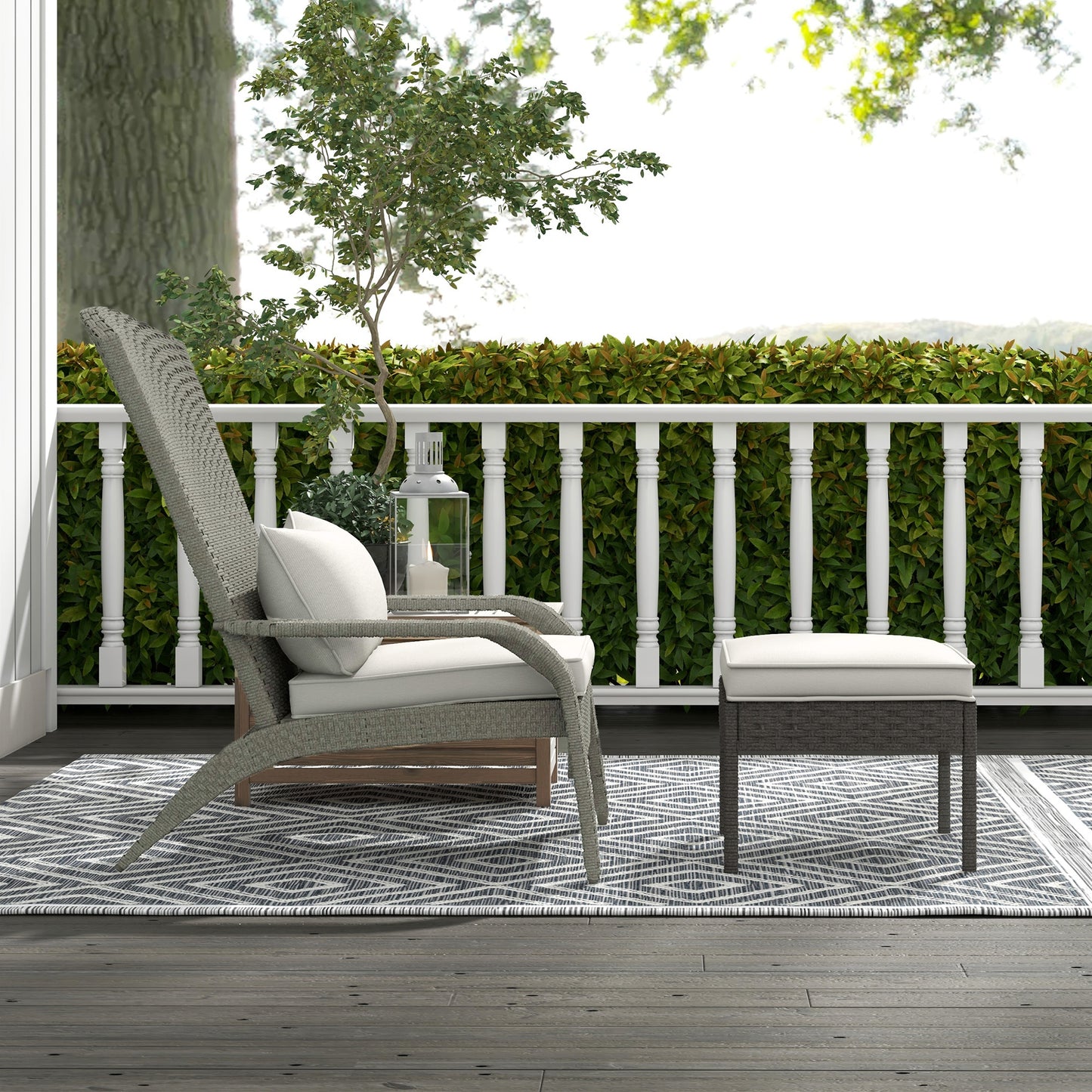 Outsunny Wicker Adirondack Chair with Ottoman, Patio Cushioned Muskoka Chair, Outdoor Fire Pit Chair with High-back and Armrests, for Deck, Garden, Backyard, Grey/Cream White