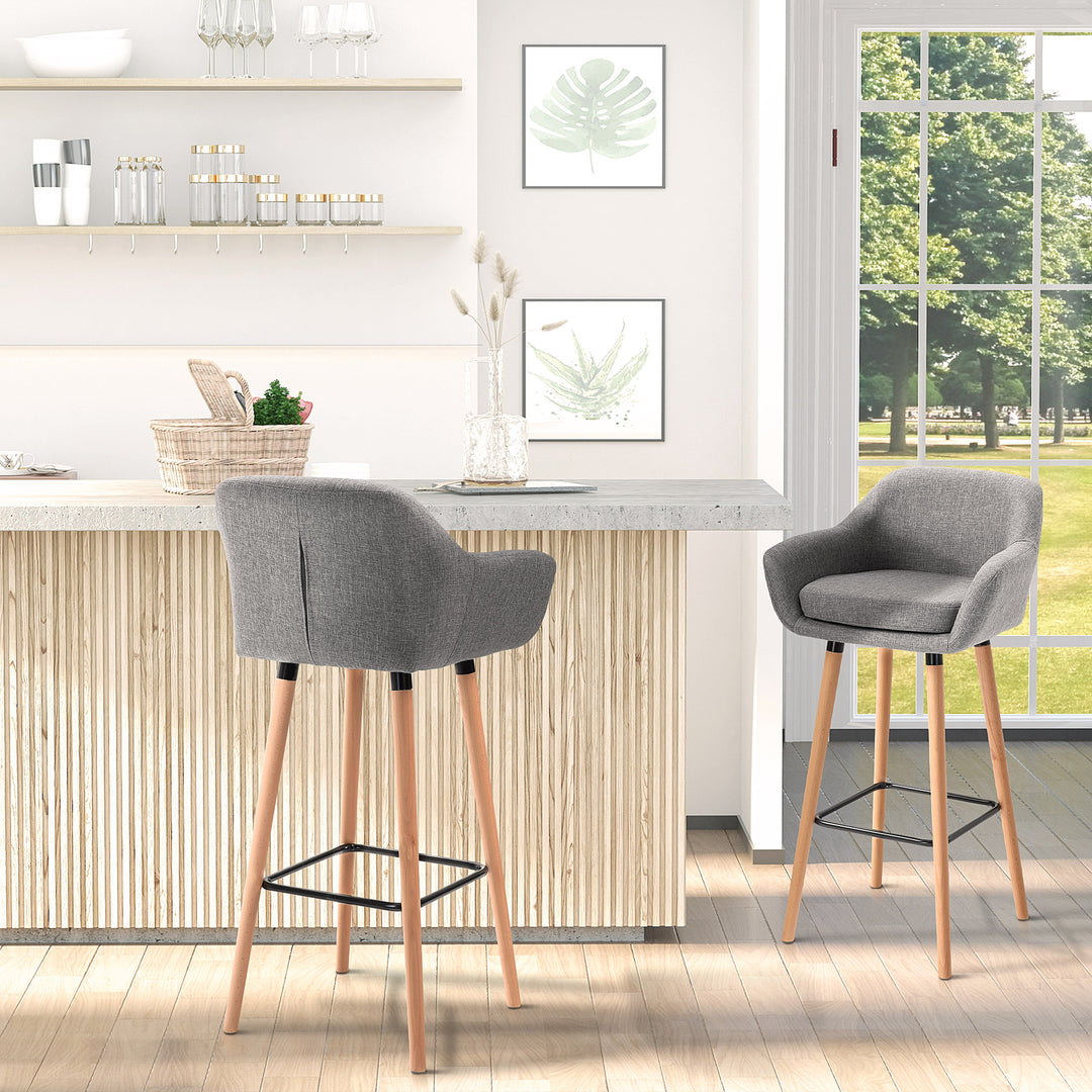 HOMCOM Modern Upholstered Fabric Seat Bar Stools Chairs Set of 2 with Metal Frame, Solid Wood Legs Living Room Dining Room Furniture Grey
