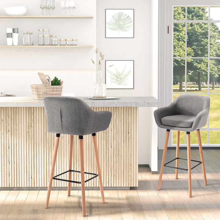 HOMCOM Modern Upholstered Fabric Seat Bar Stools Chairs Set of 2 with Metal Frame, Solid Wood Legs Living Room Dining Room Furniture Grey