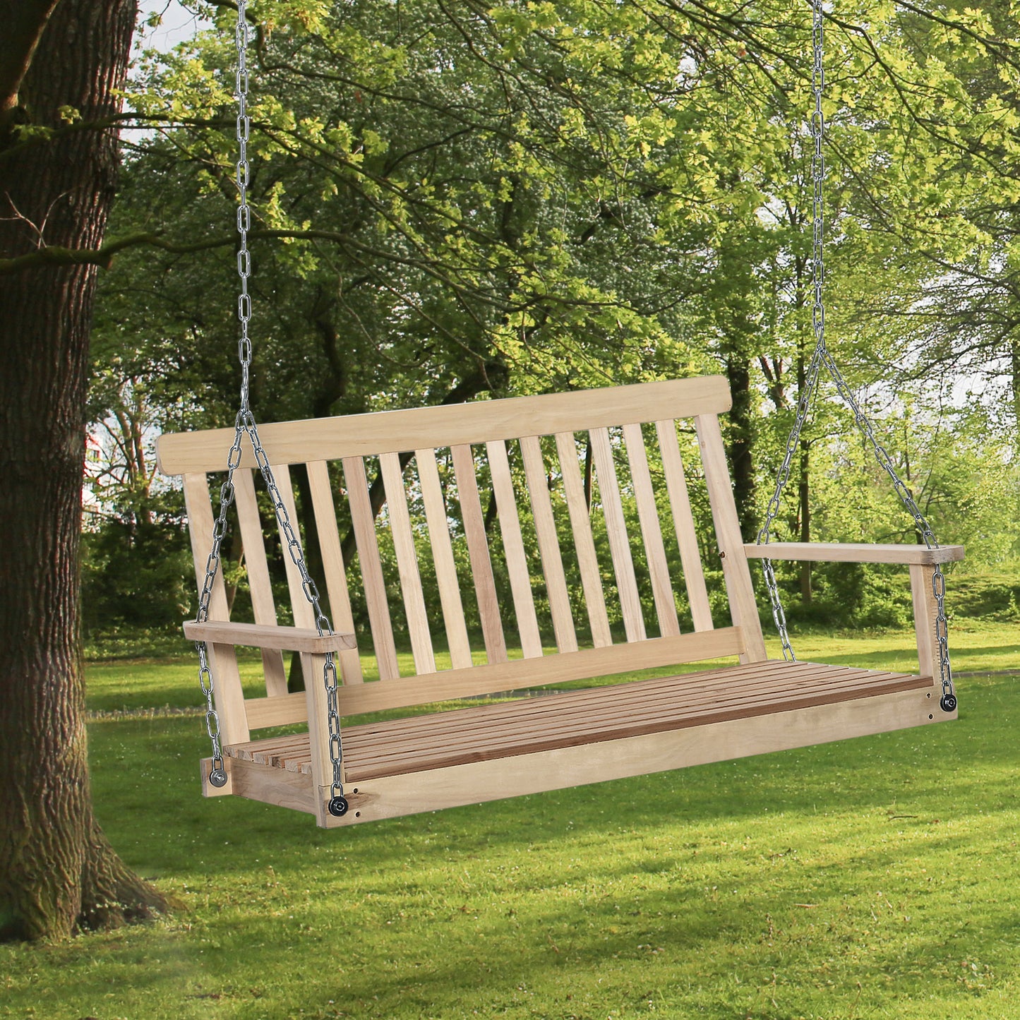 Outsunny 2 Person Wooden Porch Swing, Patio Swing Chair with Hanging Chains, Slatted Back & Seat, Outdoor Swing Bench for Garden, Backyard, Deck, Natural