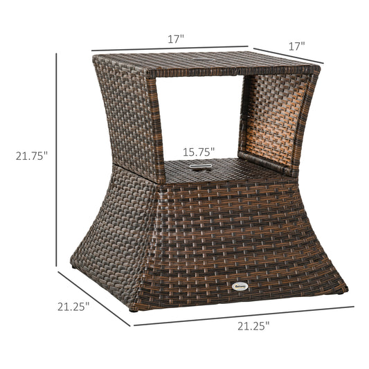Outsunny Rattan Wicker Side Table, 21.3" Square Outdoor End Table with Umbrella Hole 2-Tier Storage for Patio Garden Mixed Brown