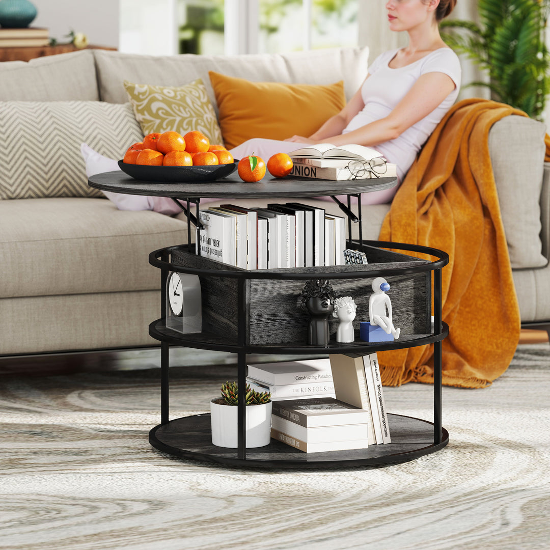 HOMCOM Lift Top Coffee Table, Round Coffee Table with Storage Shelf, Hidden Compartment and Steel Frame, Distressed Dark Grey