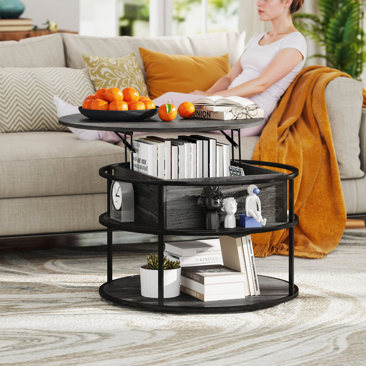 HOMCOM Lift Top Coffee Table, Round Coffee Table with Storage Shelf, Hidden Compartment and Steel Frame, Distressed Dark Grey
