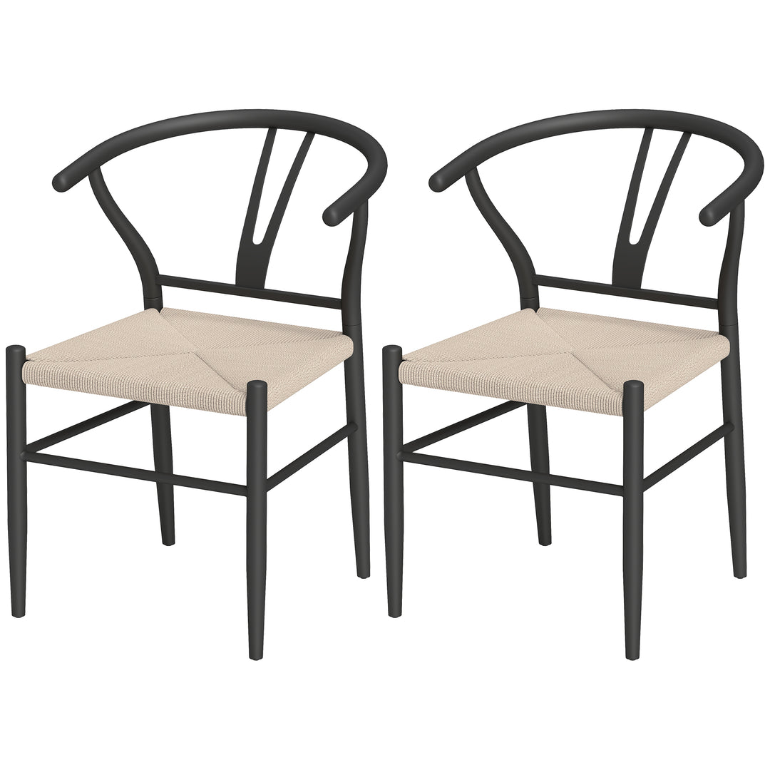HOMCOM Set of 2 Weave Dining Chairs, Mid-Century Modern Dining Room Chairs with Y-Shaped Backrest and Hemp Seat, Black