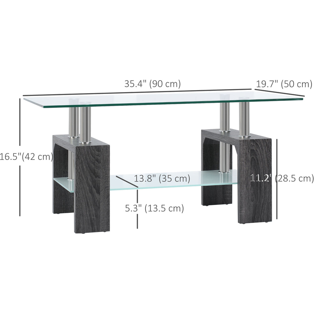 HOMCOM Rectangle Glass Coffee Table, 2-Tier Center Table with Tempered Glass Top and Storage Shelf for Living Room, Grey
