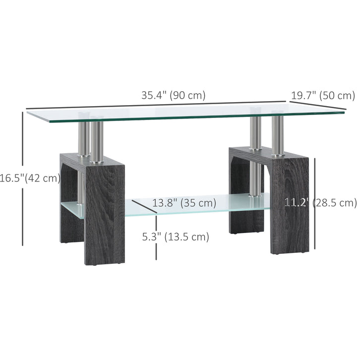 HOMCOM Rectangle Glass Coffee Table, 2-Tier Center Table with Tempered Glass Top and Storage Shelf for Living Room, Grey