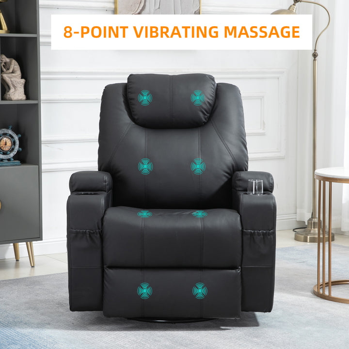 HOMCOM Massage Recliner Chair, Swivel Nursery Rocker Chair, Manual Reclining Sofa with 8 Vibration Points, PU Leather, Cup Holders, Side Pockets, for Living Room, Black
