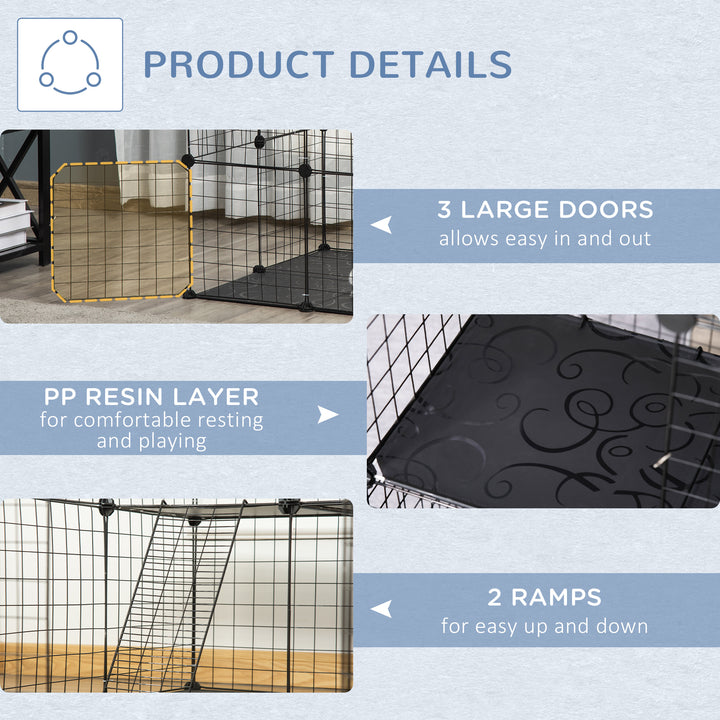 PawHut 39 Pcs Small Animal Cage Bunny Hutch Portable Metal Wire with Ramps for Kitten Chinchilla, Black