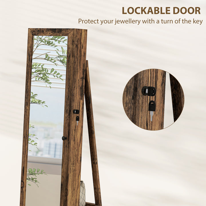 HOMCOM 360° Swivel Jewellery Armoire, Lockable Mirror Jewellery Cabinet with Built-In Small Mirror, Rustic Brown
