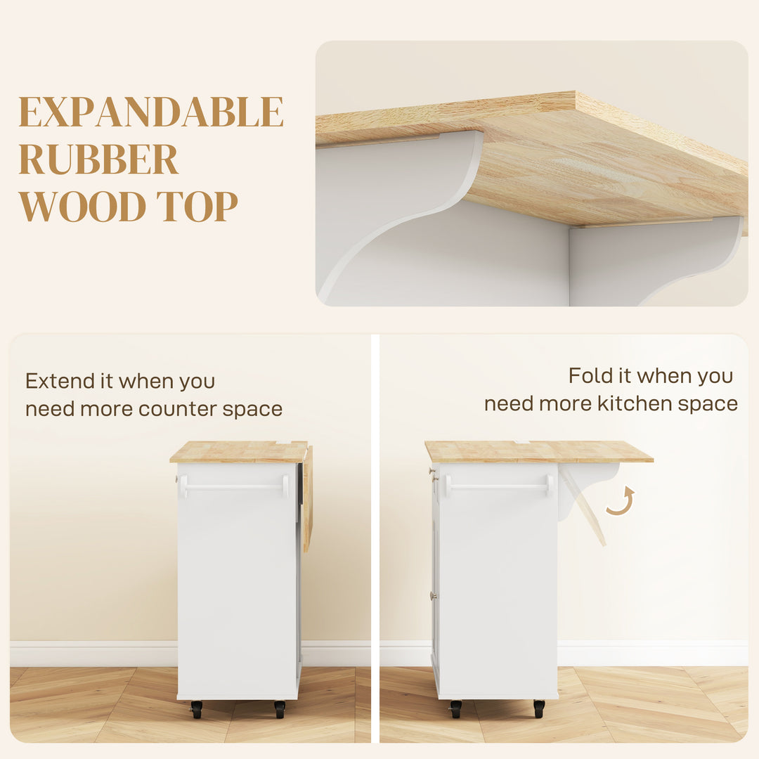 HOMCOM Kitchen Island with Power Outlet and Drop Leaf, Rolling Kitchen Cart with 2 Drawers and Adjustable Shelves, White