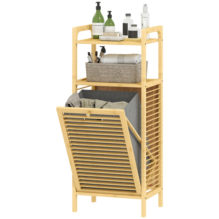 HOMCOM Bamboo Laundry Cabinet, Tilt Out Laundry Hamper with Removable Basket and Open Shelves, Natural