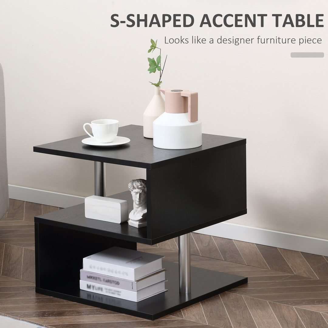 HOMCOM Wooden S Shape End Table 3 Tier Storage Shelves Organizer Living Room Side Table Desk Black