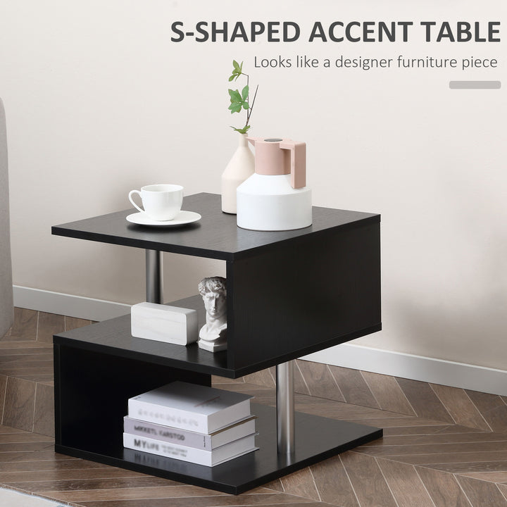 HOMCOM Wooden S Shape End Table 3 Tier Storage Shelves Organizer Living Room Side Table Desk Black
