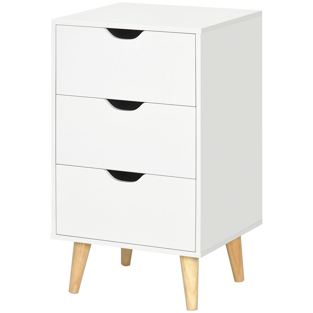 HOMCOM Bedside Table, Modern Nightstand with 3 Drawers, Side End Table with Wood Legs for Living Room, Bedroom, White