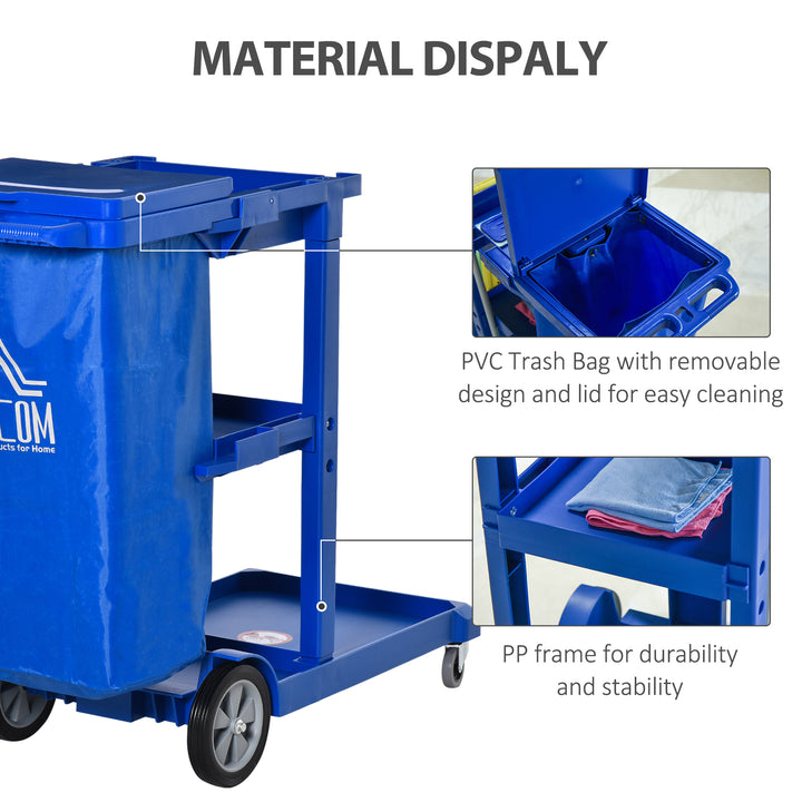 HOMCOM Commercial Janitorial Cart with 3 Tier Shelves Professional Cleaning Trolley with Rubbish Bag with Lid and Mop Mount for Hotel, Restaurant, Office,  47.75"x20"x39.25", Blue