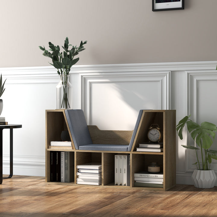 HOMCOM 6-Cubby Bookcase with Seat Cushion, Cube Storage Shelf with Reading Nook for Home Office, Study, Rustic Brown