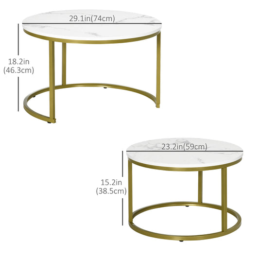 HOMCOM Nesting Tables, 29" Round Coffee Table Set of 2, Modern Side Tables for Living Room with Metal Base, Faux Marbled White