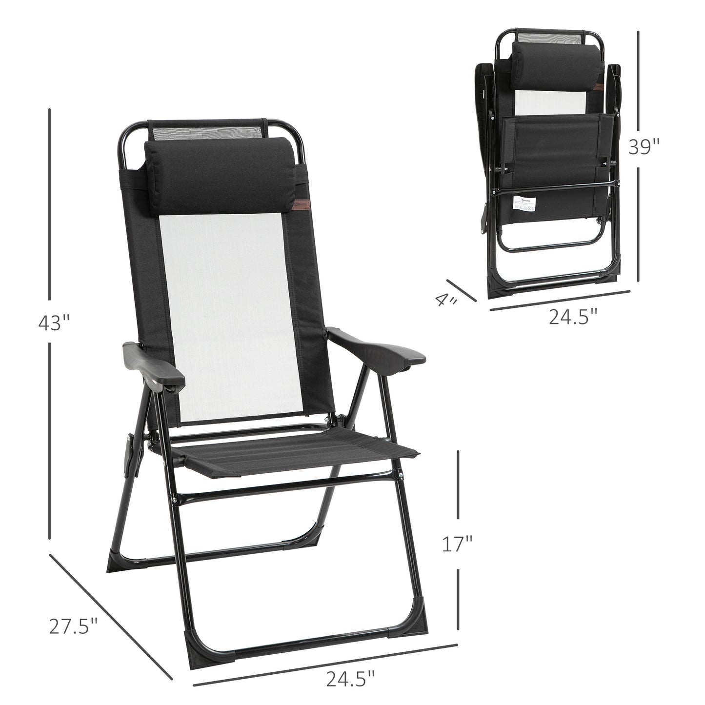 Outsunny Set of 4 Camping Chairs, Outdoor Folding Lounge Chair Set with 5 Level Adjustable Backrest, Removable Headrest, Armrest for Camping, Backyard, Black