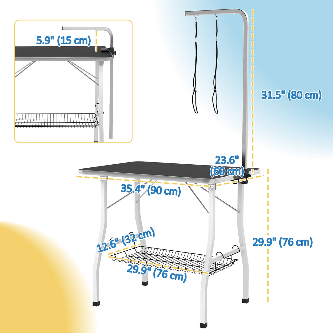 PawHut Dog Grooming Table w/ Adjustable Arm, Mesh Tray,  Two Nooses, Rubber Surface, 35" x 24" x 61", Black