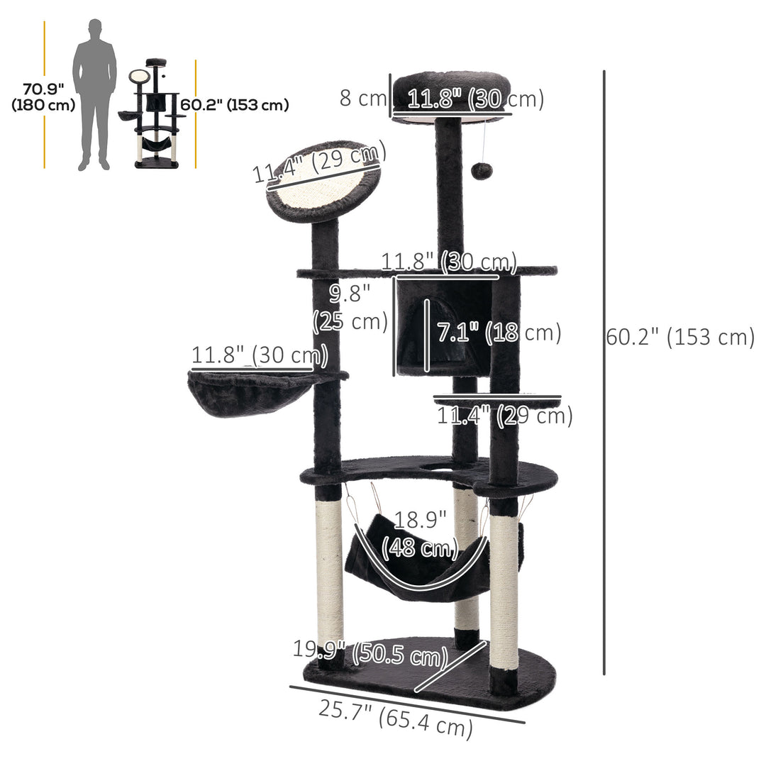 PawHut 60" Cat Scratching Tree, Cat Bed Condo Post House Pet Furniture Toys-Brown & Beige