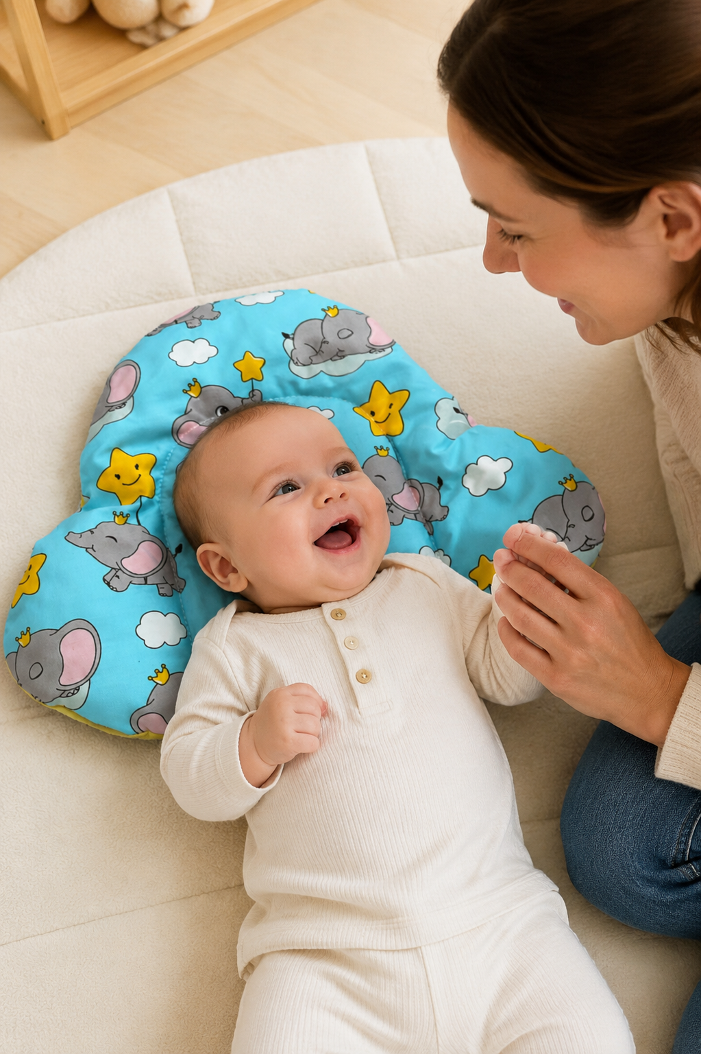 Aarniva Baby Head Support Pillow | Soft & Padded | Contoured Center | Elephant Clouds
