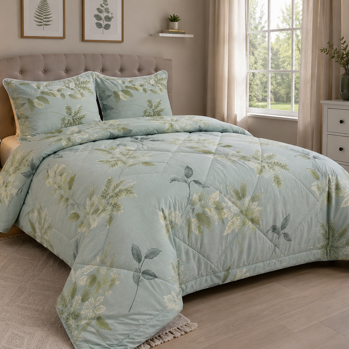 Aarniva Breathable Polyester Serene Botanica Comforter Set | King/Queen | 250 GSM | Ultra-Soft & Cozy | Mist Blue | 5-Piece Set