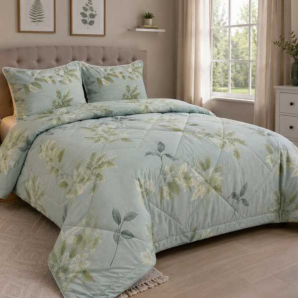 Aarniva Breathable Polyester Serene Botanica Comforter Set | King/Queen | 250 GSM | Ultra-Soft & Cozy | Mist Blue | 5-Piece Set