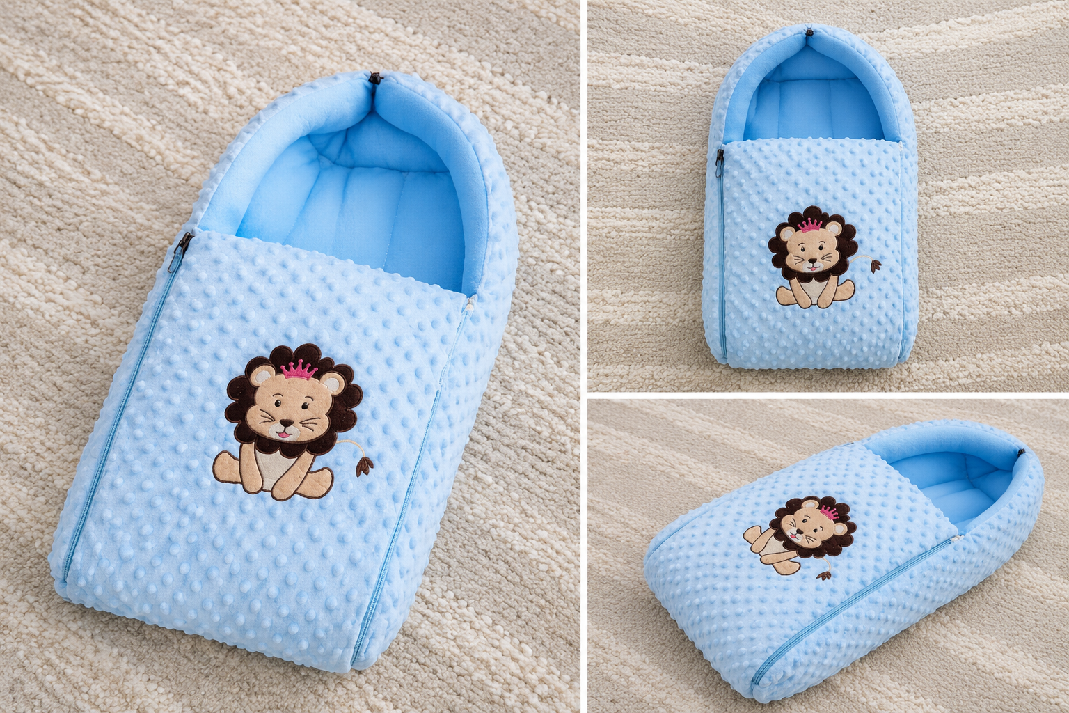 Aarniva Baby Carry Nest Sleeping Bag | Soft Bubble Fabric | Zipper Closure | Lion Embroidery | Sky Blue
