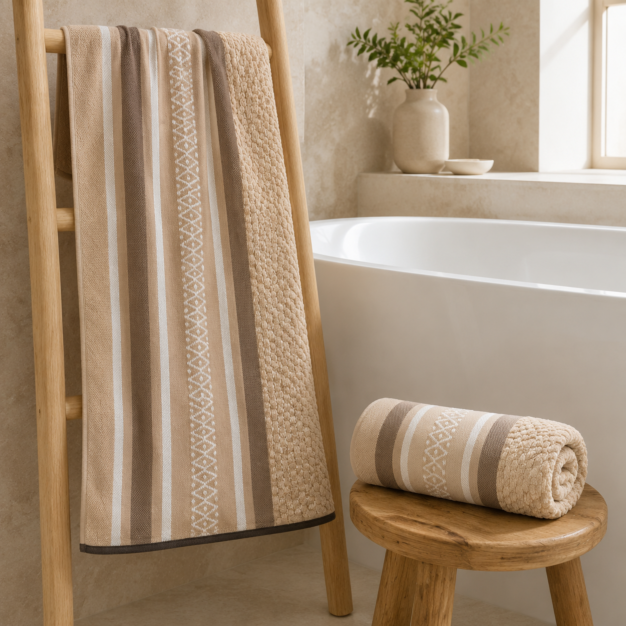 Aarniva 100% Cotton Jacquard Bath Towel Set | Soft & Absorbent | 70 × 140 cm | Warm Beige Stripe | 4-Piece Set