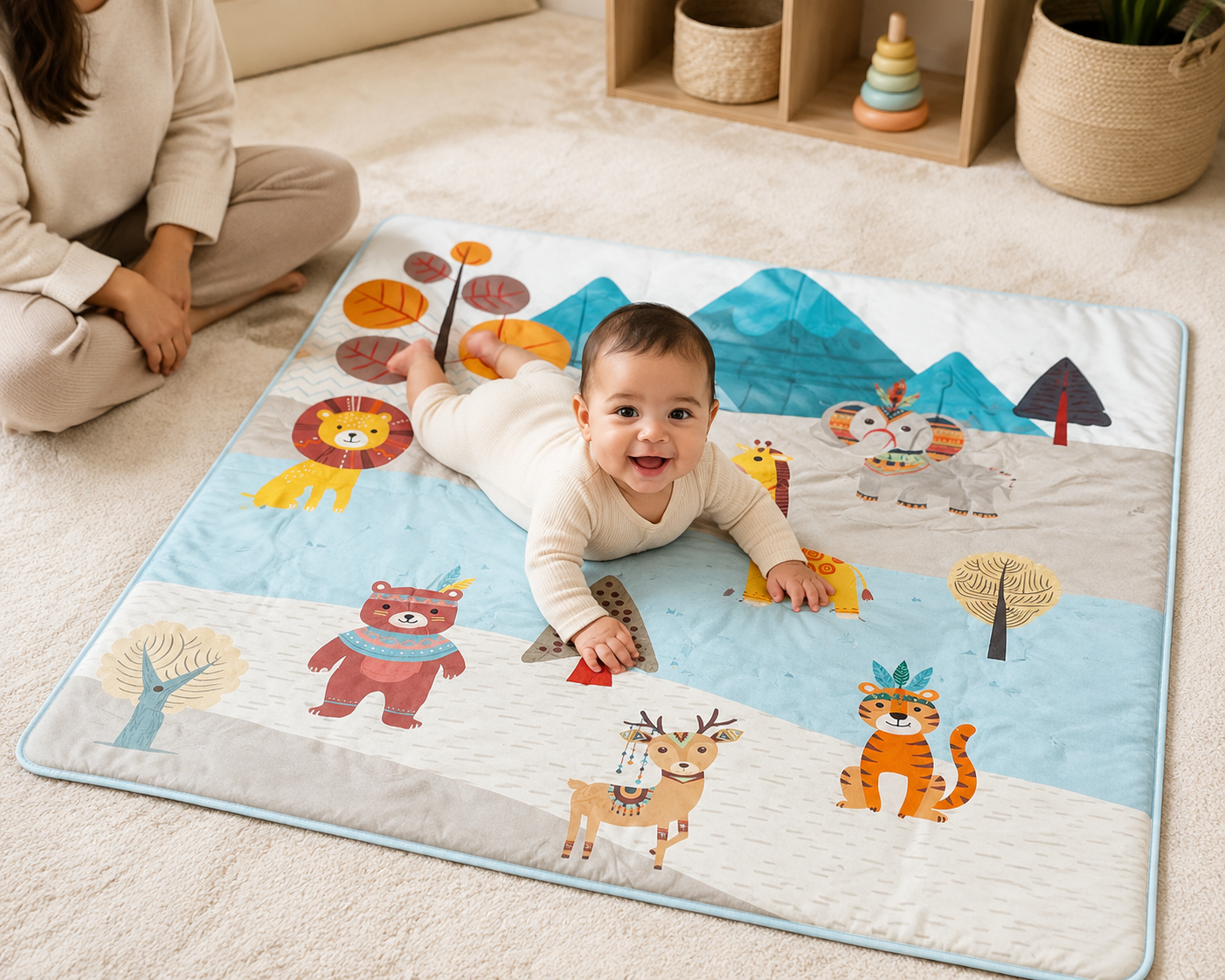 Aarniva Kids Quilted Play Mat & Baby Sheet | Soft Padded | Reversible Design | Mountain Safari