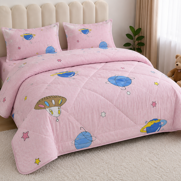 Aarniva Breathable Polyester Little Astronauts Pink Comforter Set | King/Queen | 250 GSM | Ultra-Soft & Cozy | Celestial Pink | 5-Piece Set