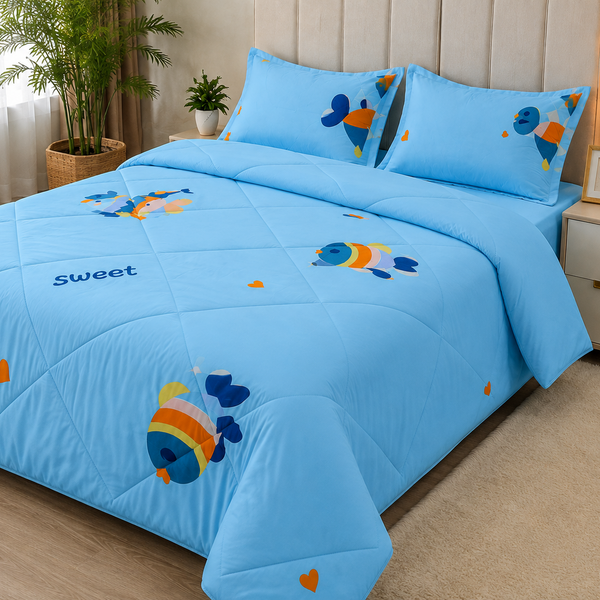 Aarniva Breathable Polyester Sweet Ocean Friends Comforter Set | King/Twin | 250 GSM | Ultra-Soft & Cozy | Aqua Blue | 5-Piece Set