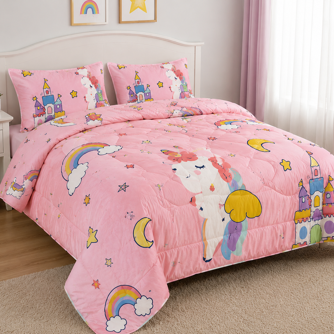 A pink children's bedding set with a quilt and matching pillowcases featuring a whimsical unicorn, rainbow, moon, star, and castle print, styled on a bed in a bright bedroom.