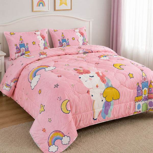 A pink children's bedding set with a quilt and matching pillowcases featuring a whimsical unicorn, rainbow, moon, star, and castle print, styled on a bed in a bright bedroom.