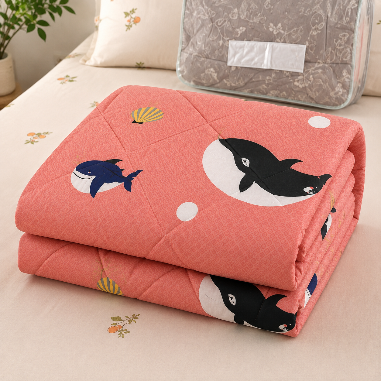 Aarniva Breathable Polyester Whale Wishes Comforter Set | Double/Twin | 250 GSM | Ultra-Soft & Cozy | Coral Pink | 5-Piece Set