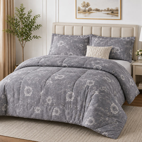 Aarniva Breathable Polyester Silver Garden Comforter Set | King/Queen | 250 GSM | Ultra-Soft & Cozy | Soft Grey | 5-Piece Set