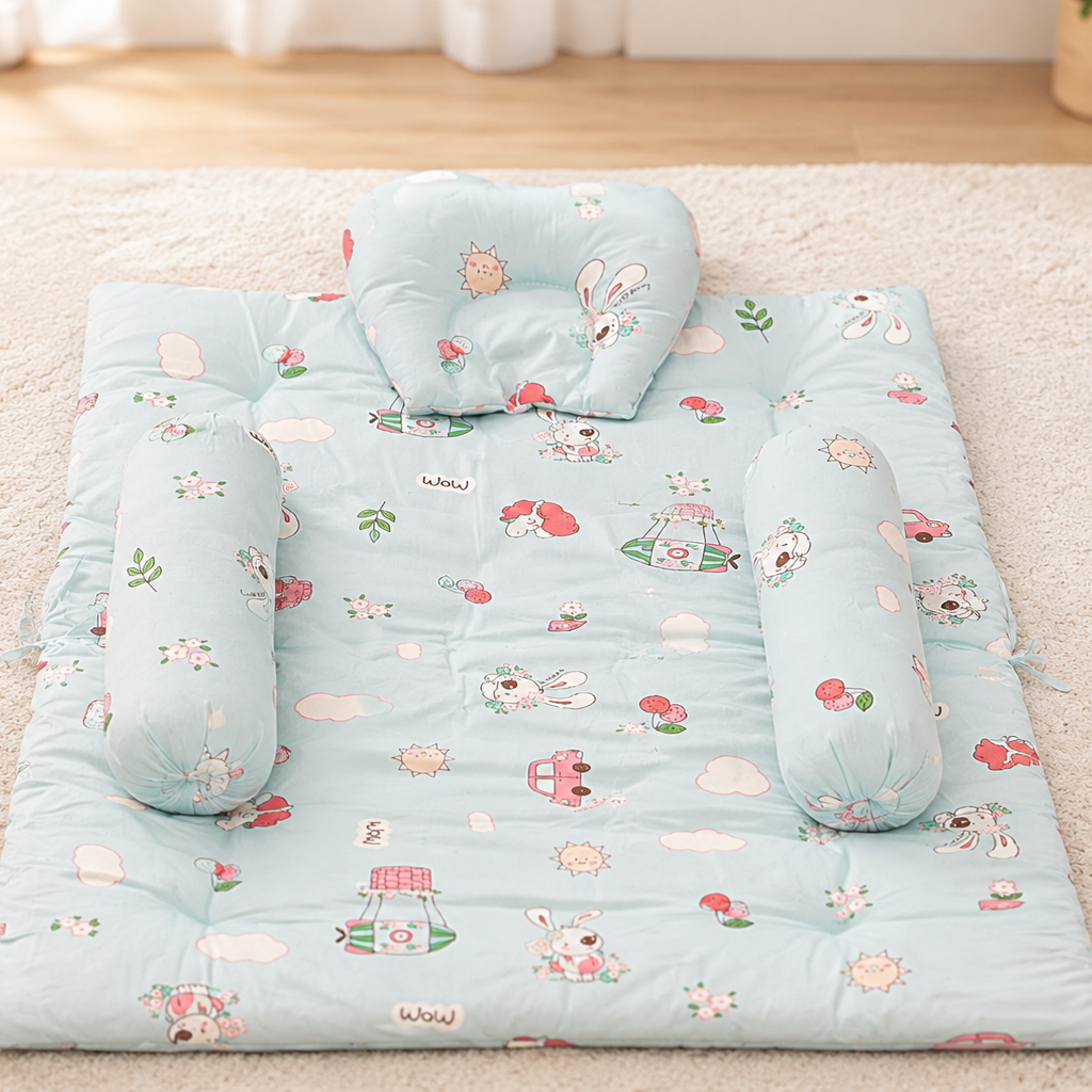Aarniva Baby Premium Bedding Super Saver Combo | Gadda Set, Mosquito Net Mattress & Sleeping Bag | 100% Cotton | Unicorn Blue | Multi-Piece Set