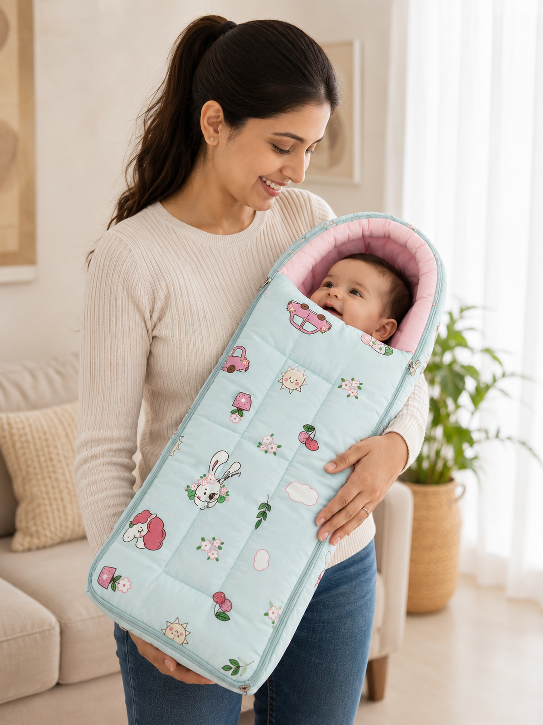 Aarniva Baby Carry Nest Sleeping Bag | Soft & Breathable | Zipper Closure | Berry Sunshine | Mint Pink
