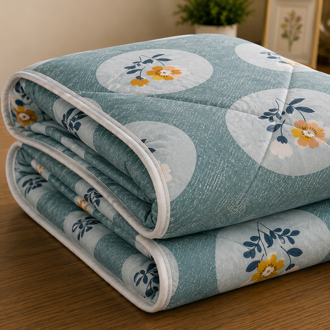 Aarniva Breathable Polyester Sage Blossom Circles Comforter Set | King/Queen | 250 GSM | Ultra-Soft & Cozy | Floral Blue | 5-Piece Set