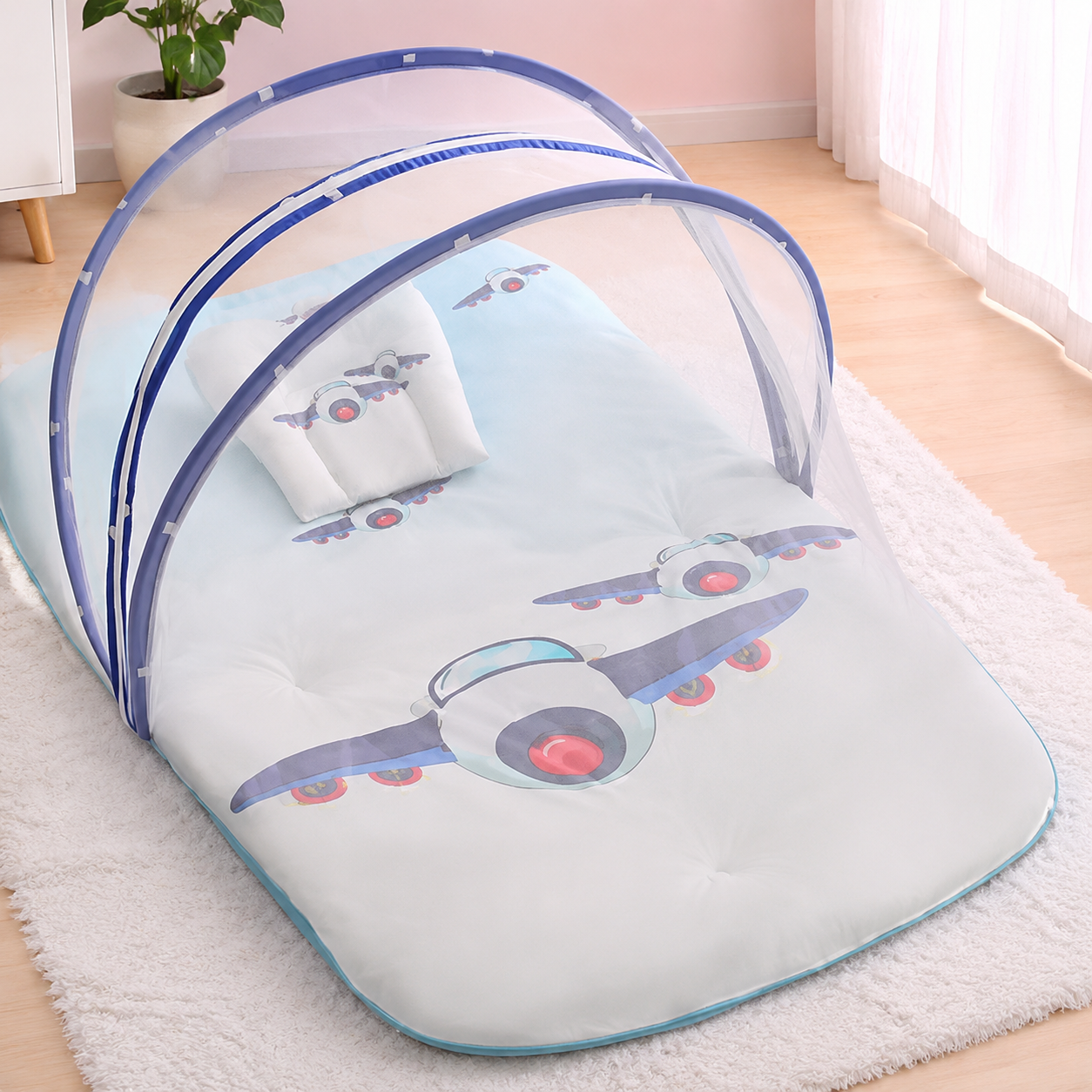 Aarniva Baby Padded Floor Mat Set | Pillow & Bolster Support | Soft & Comfortable | Airplane Sky | 4-Piece Set