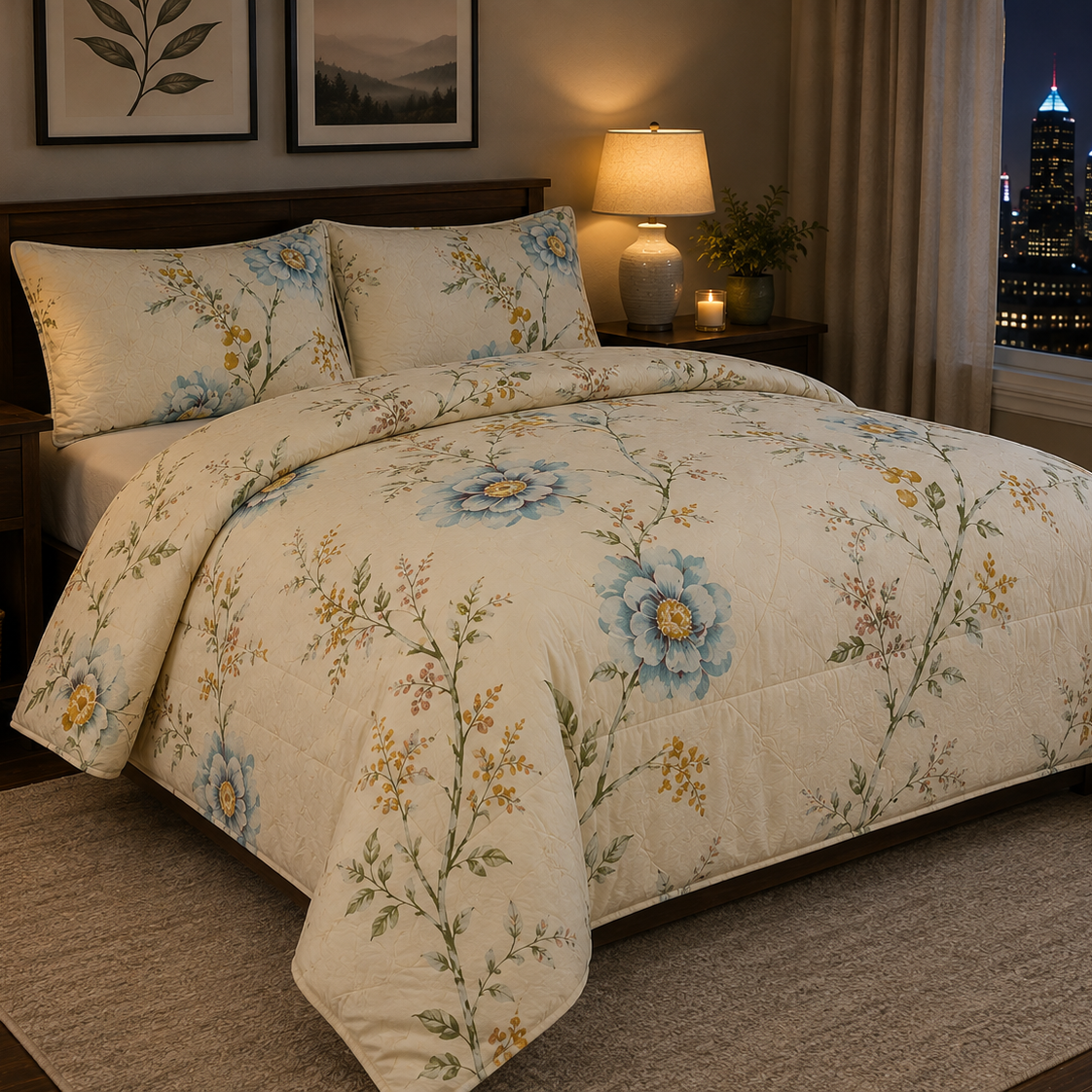 Aarniva Breathable Polyester Blue Meadow Comforter Set | King/Queen | 250 GSM | Ultra-Soft & Cozy | Classic Ivory | 5-Piece Set