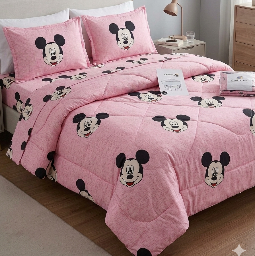 Aarniva Breathable Polyester Happy Mouse Comforter Set | King/Queen | 250 GSM | Ultra-Soft & Cozy | Blush Pink | 5-Piece Set