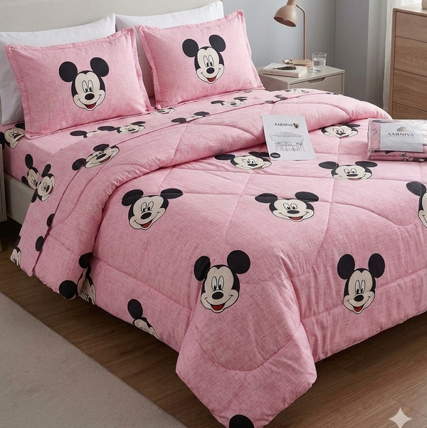 Aarniva Breathable Polyester Happy Mouse Comforter Set | King/Queen | 250 GSM | Ultra-Soft & Cozy | Blush Pink | 5-Piece Set