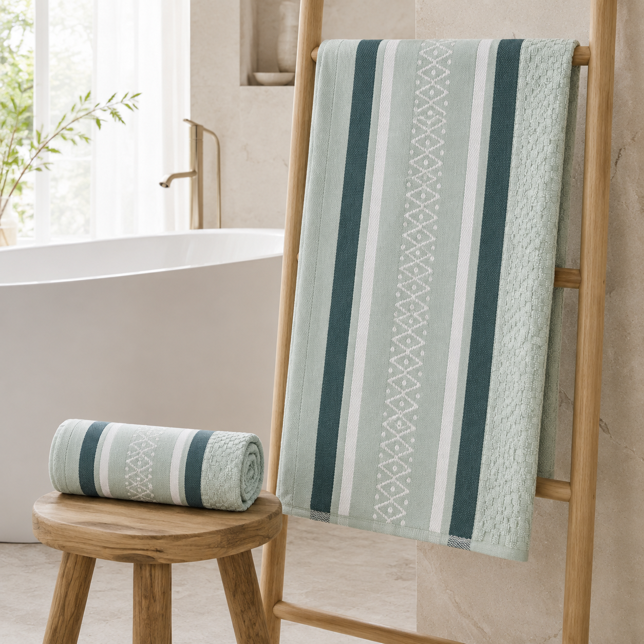 Aarniva 100% Cotton Jacquard Bath Towel Set | Soft & Absorbent | Mixed Sizes | Sage & Warm Beige Stripe | 4-Piece Set