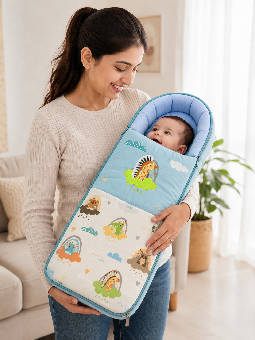 Aarniva Baby Carry Nest Sleeping Bag | Soft & Breathable | Zipper Closure | Safari Friends | Blue