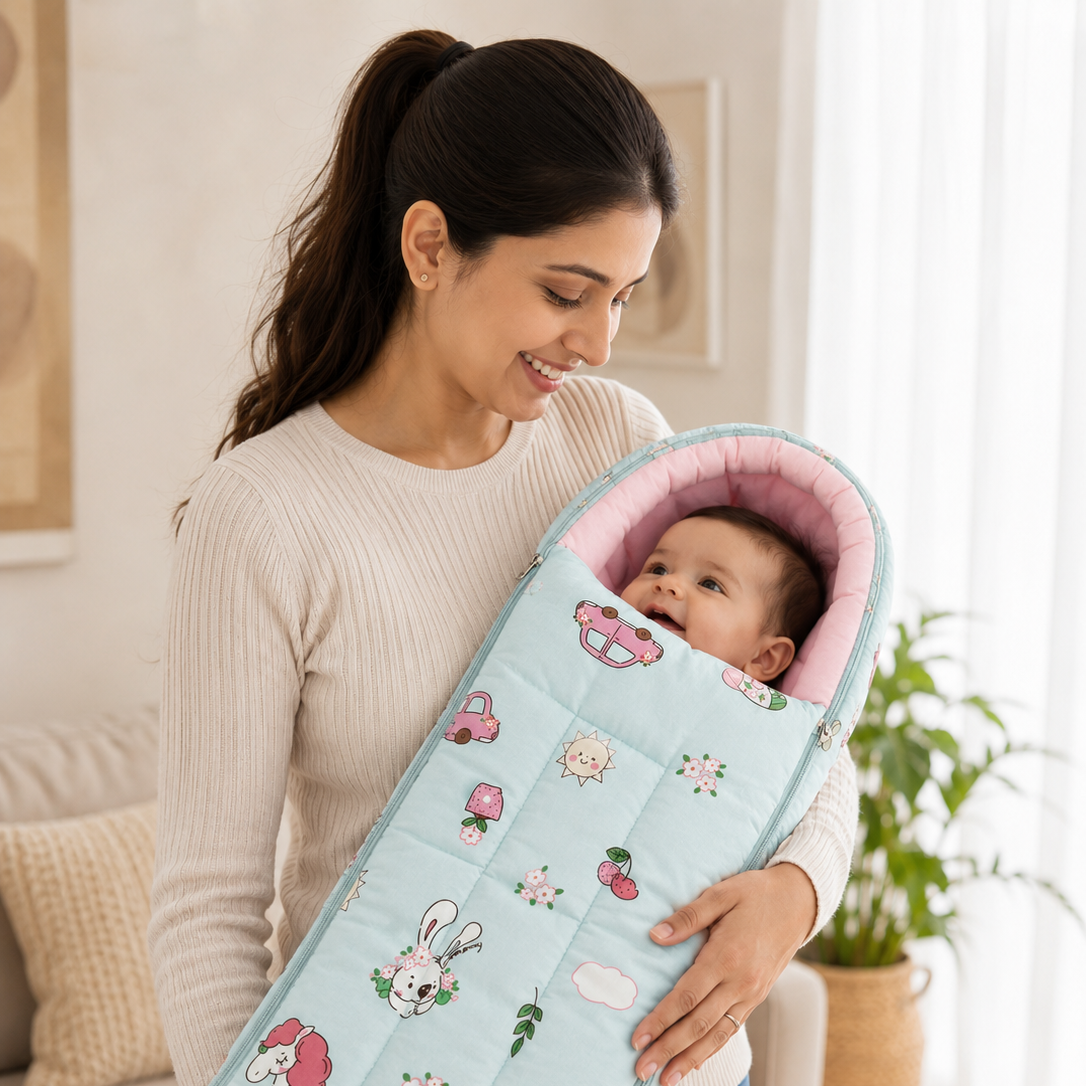 Aarniva Baby Premium Bedding Super Saver Combo | Gadda Set, Mosquito Net Mattress & Sleeping Bag | 100% Cotton | Unicorn Blue | Multi-Piece Set