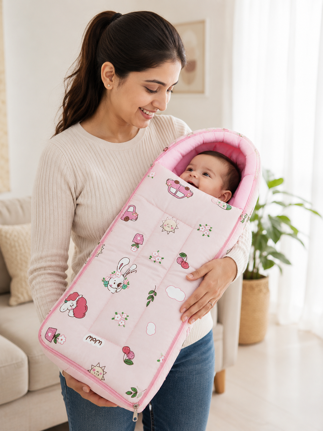 Aarniva Baby Carry Nest Sleeping Bag | Soft & Breathable | Zipper Closure | Bunny Garden | Blush Pink