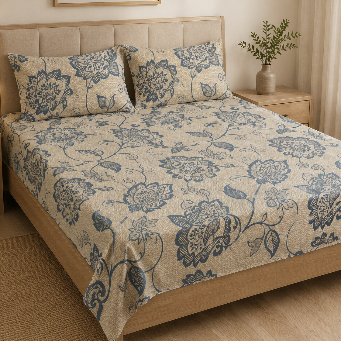 Aarniva 100% Cotton Floral Vine Bedsheet Set | King/Queen | Soft & Breathable | Ivory Blue Floral | 200 TC | -Piece Set