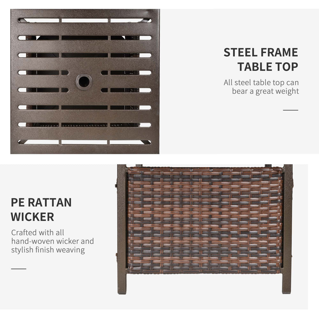 Outsunny 21.75" Outdoor Rattan Wicker Patio Coffee Table with Umbrella Hole, Patio Side Table with Slatted Metal Top, Brown