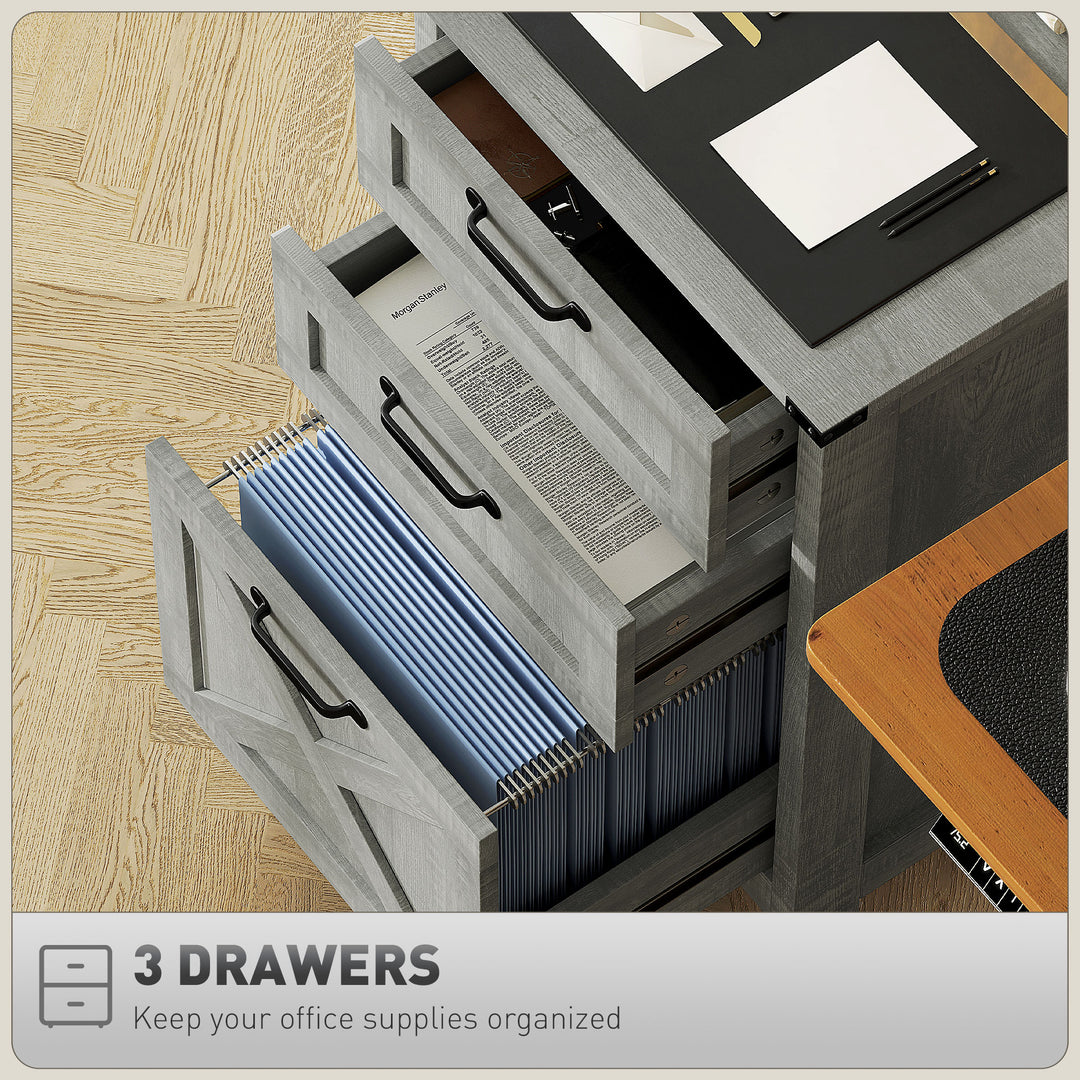 HOMCOM Vertical Filing Cabinet with 3 Drawers, Rustic Farmhouse Office Storage Cabinet for A4, Letter Size, Stone Grey